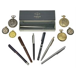 Pens, pocket watches and similar, including various Parker ballpoints, Ventura pocket watch with skeleton movement etc. 