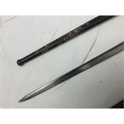 French Model 1874 Epee bayonet marked Oulle 1876 in associated scabbard; Model 1866 sabre bayonet in cut-down sword scabbard; and Model 1842/59 sabre bayonet in relic condition (3)