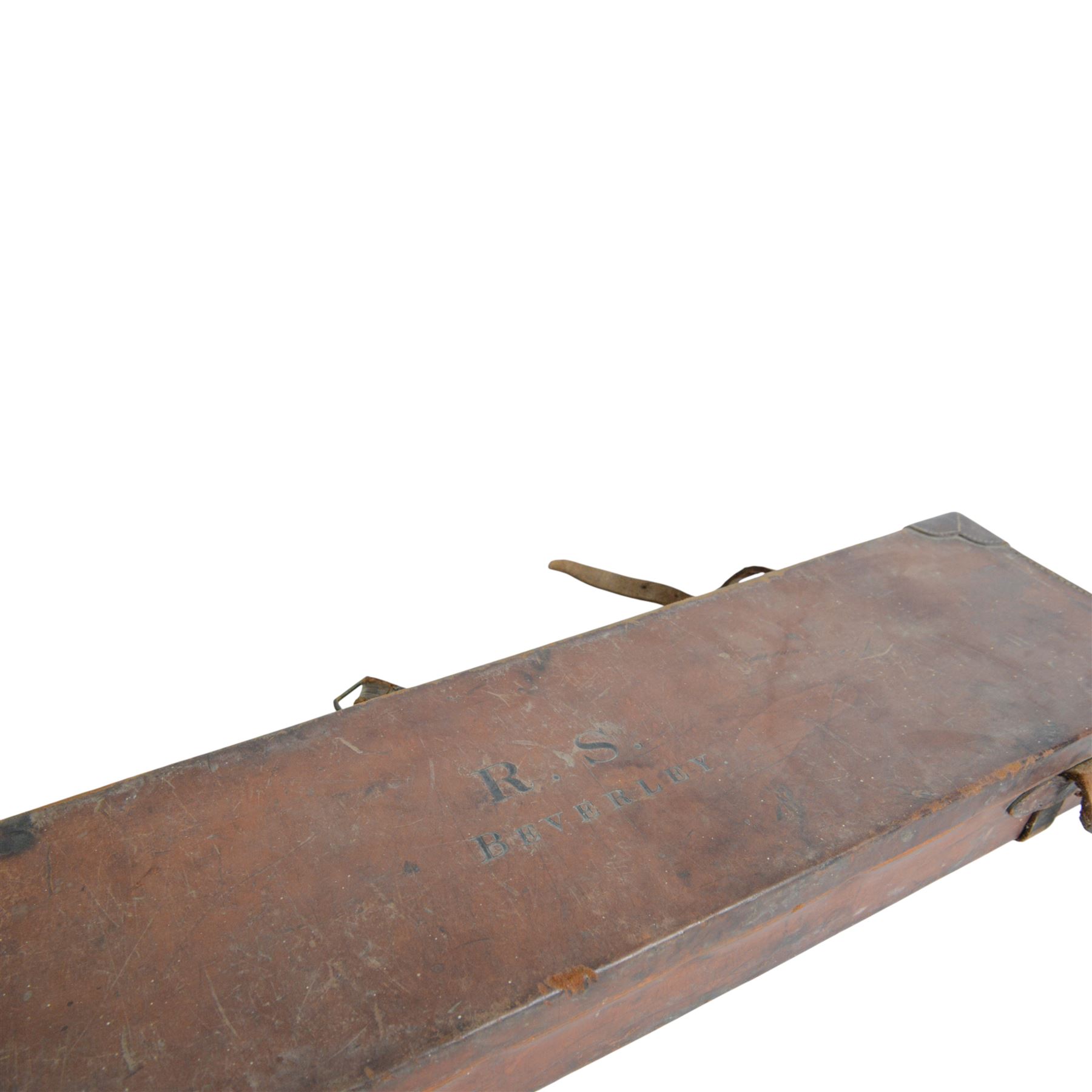 Leather shotgun case with the label of H Esau Akrill, practical gunmaker Beverly, inscribed  to lid 'R.S. Beverley', L83cm