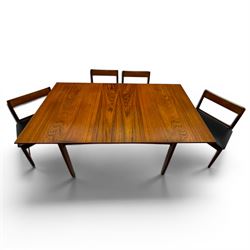 BCM (Bath Cabinet Makers) - mid-20th century teak extending dining table with BCM set of four teak dining chairs with bar back and black vinyl seats
