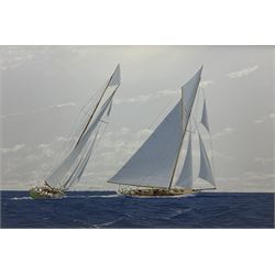 James Miller (British 1962-): 'Columbia and Shamrock II - America's Cup 1901', oil on canvas signed 64cm x 94cm