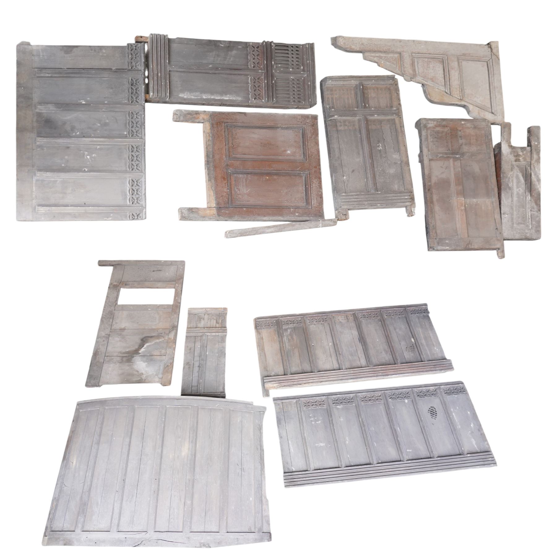 Architectural Salvage - Quantity of 19th century oak and pine church panelling including large bowed panel, others with carved decoration etc
Note: Removed in the 19th century from the church in the grounds of a private Yorkshire estate 
Provenance: property of a Nobleman