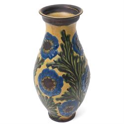 Thomas Forrester & Son Trogon Ware vase, c1920-1930, of baluster form with bulbous neck, painted with a band of peacocks, signed, H21cm; together with a pair of vases designed by James Plant, signed to base, H19cm, a Herman August Kahler (Danish 1846-1917) vase, of elongated form, signed to base, H29cm, and two further vases (6)