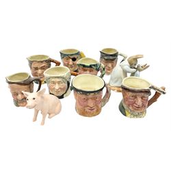 John Beswick figure of a seated piglet, Beswick Beatrix Potter Mrs Rabbit and Peter figure, and quantity of Sandland Character Ware jugs