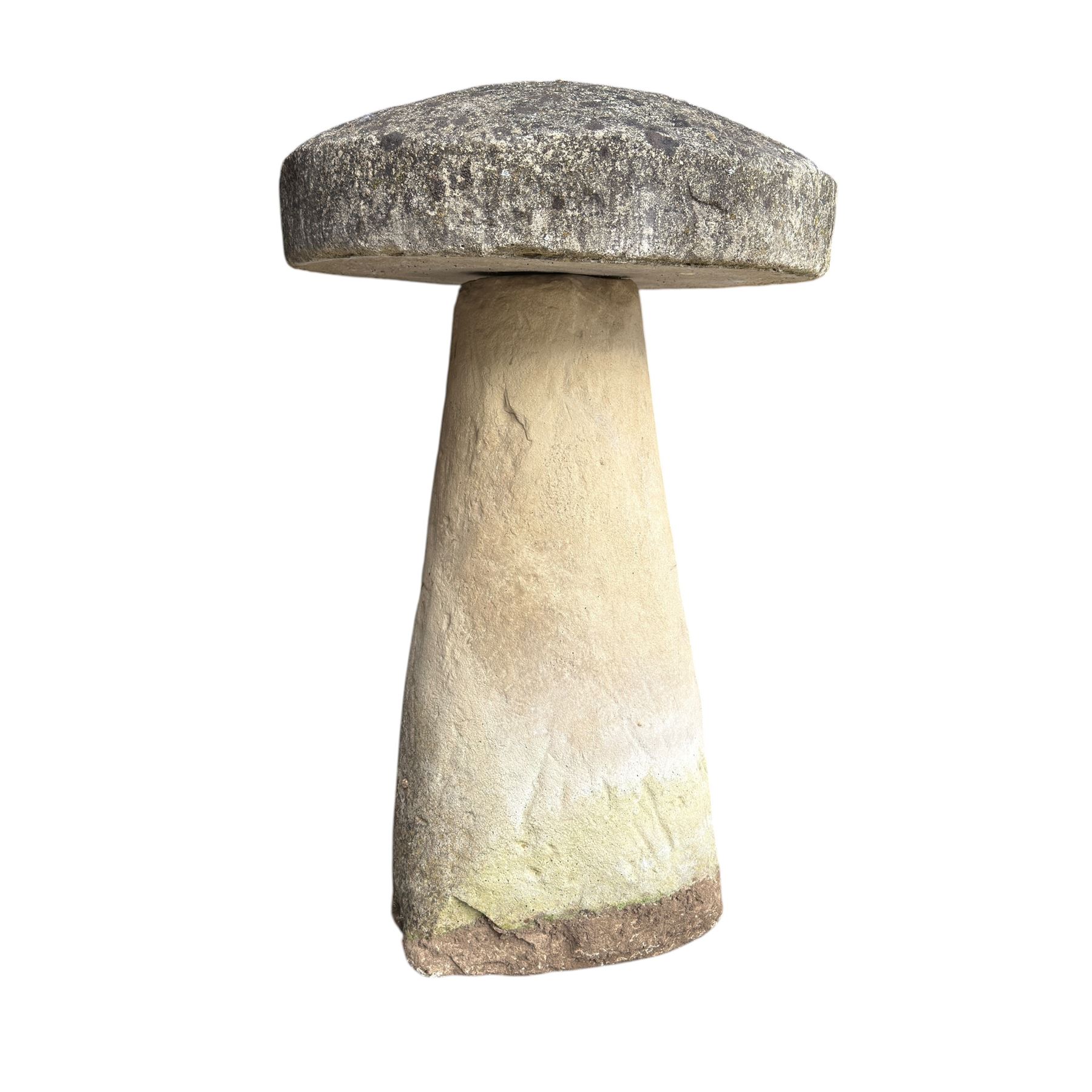 Weathered cast stone staddle stone with circular top raised on tapered base