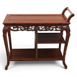 20th century Chinese ornately hardwood tea trolley, rectangular top with handle, pierced frieze above a half shelf above a full length undertier, raised on shaped supports