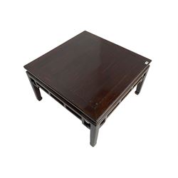 Early 20th century Chinese lacquered hardwood low table, square form with geometric constructed frieze rails