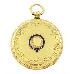 19th century 18ct gold open face, keyless cylinder fob watch, gilt dial with Roman numeral hour markers, case with engraved foliate decoration, stamped K18