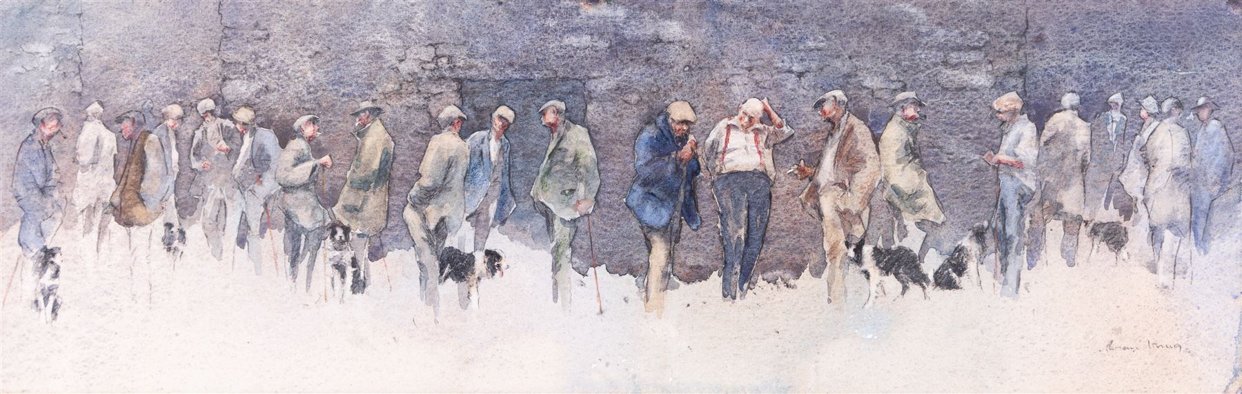 Brian Irving (British 1931-2013): Sheepdogs and Shepherds, watercolour signed 17cm x 55cm 