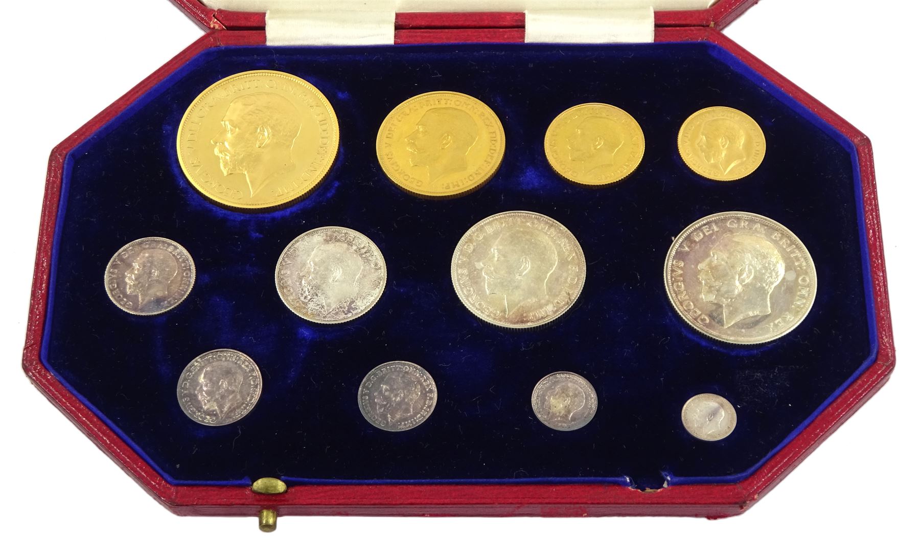 King George V 1911 proof long coin set, comprising gold half sovereign, sovereign, two pounds and five pounds, silver maundy money set, sixpence, shilling, florin and halfcrown, housed in dated case 
