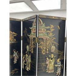 Japanese black lacquered four panel screen, with shibayama type decoration 