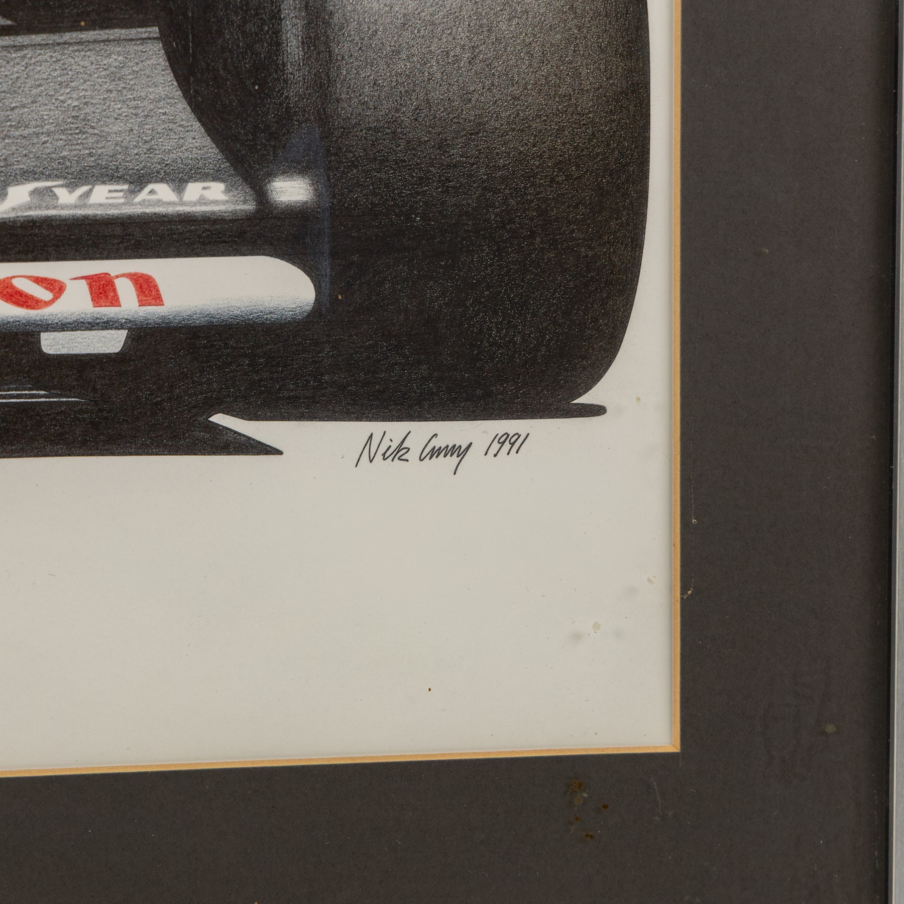 Four Formula 1 racing prints by Nik Curry, including a signed limited edition example, all within silver frames, H38cm, W59cm