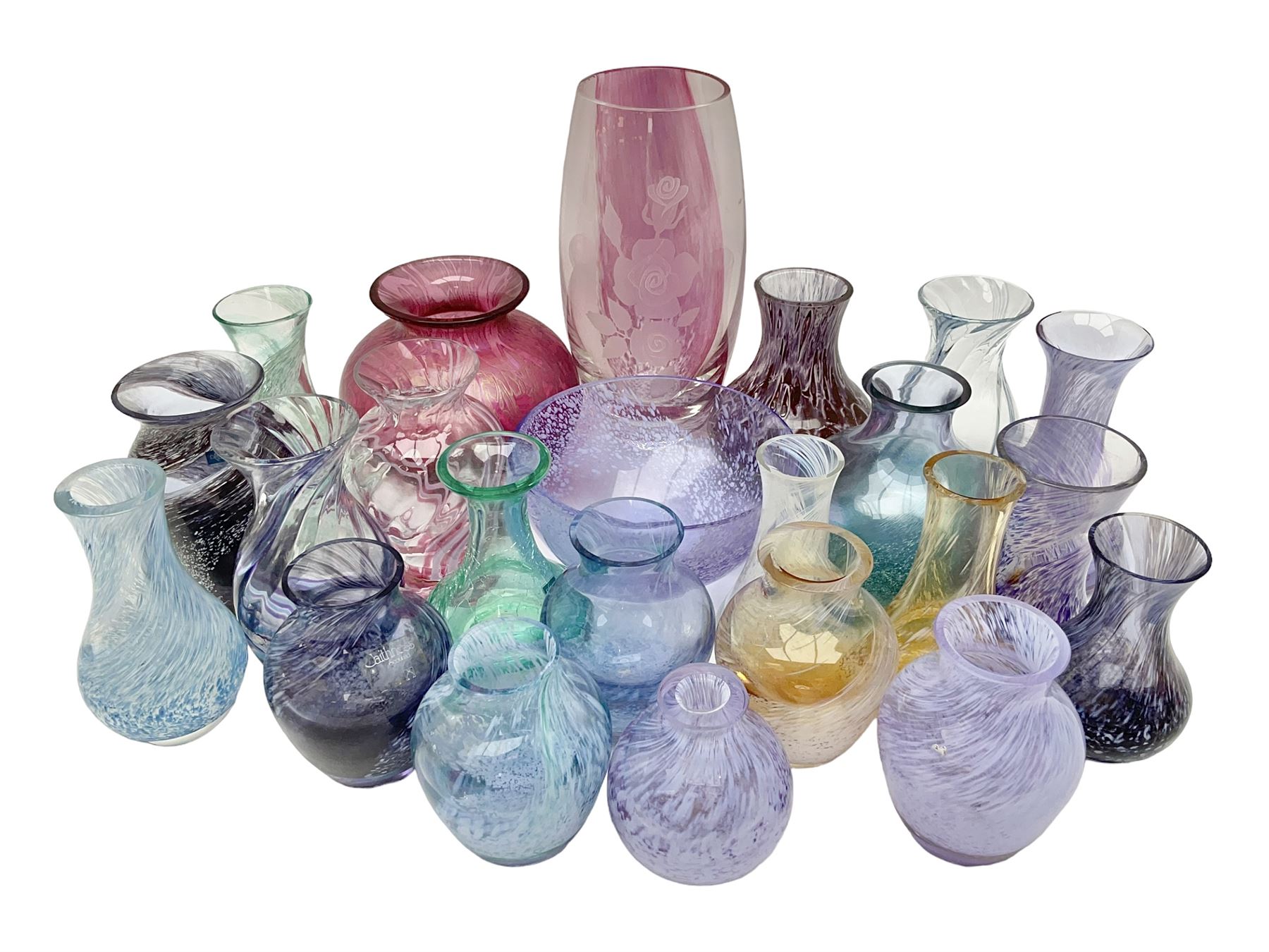 Collection of Caithness glass vases and dishes, to include mottled and swirl designs,  largest 20cm (23)