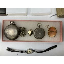 Silver including cased horn cheroot holder and pocket watch, both hallmarked together with a collection of coins, wristwatches and costume jewellery including a gold filled diamond pendant necklace etc