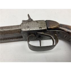 Mid 19th century double barrel percussion muff pistol, joined 7cm octagonal barrels with walnut stock19cm overall; a matching single barrel muff pistol 17cm overall (2)