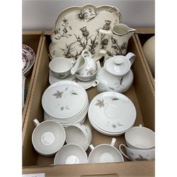 Denby Greenwheat pattern dinner wares, together with Royal Doulton Tumbling Leaves pattern tea and dinner wares, Royal commemorative ceramics including Wedgwood Jasperware table lighter, pair of Victorian glass hand painted vases, large blue and white urn with lid, Noritake part tea set, Staffordshire style dog and other ceramics and collectables, in boxes