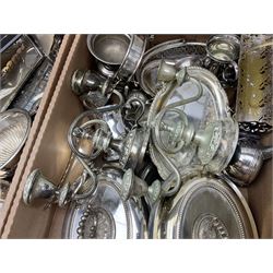 Quantity of silver plate and other metal ware, including sugar caster, tureens, serving dishes, pair of candelabra etc, in two boxes 