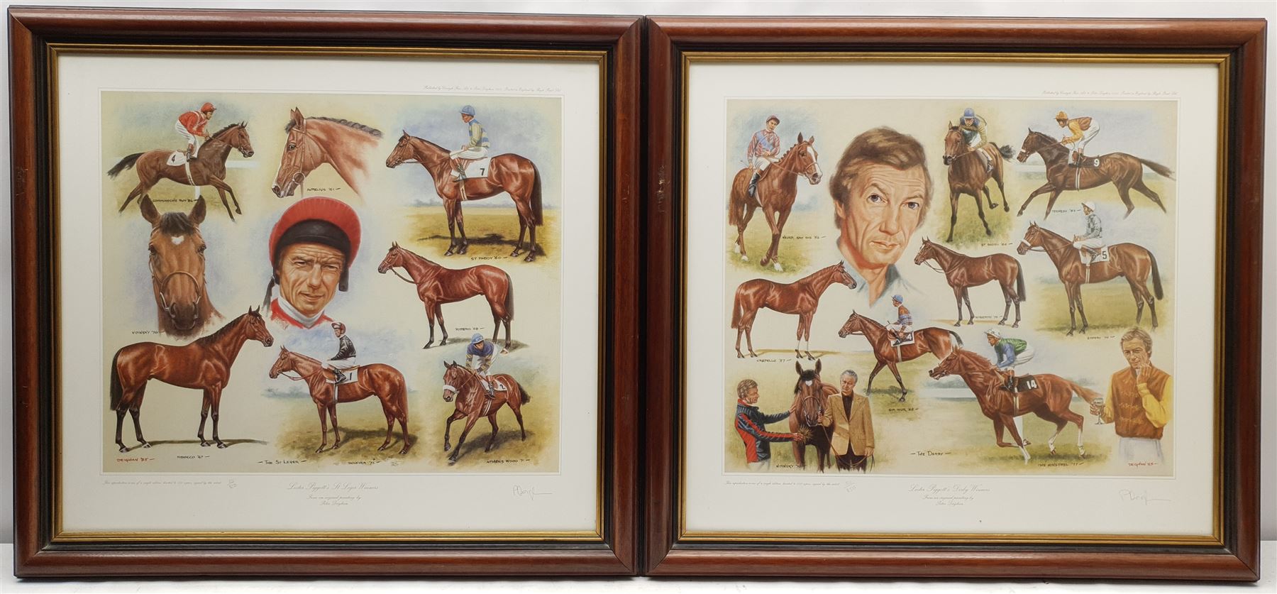 Peter Deighan (Irish 1941-): Lester Piggot, set four limited edition prints signed and numbered 50/850 in pencil pub. Curragh Fine Art 1985, 44cm x 53cm
