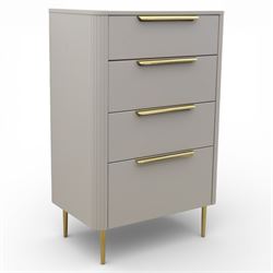 Made.com - 'Ebro' grey four drawer chest, gold painted metal shaped handles, rounded corne...