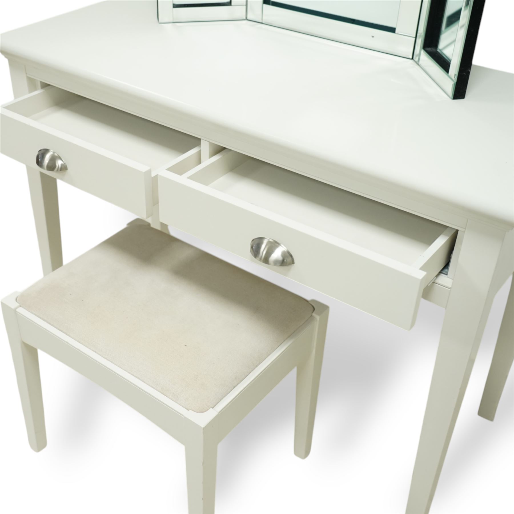 Barker & Stonehouse - Carrington console dressing table, with stool, and free-standing mirror, contemporary cream painted dressing table set, rectangular top above two drawers with brushed steel cup handles, on square tapering supports, with matching upholstered stool (H 43cm, W 50cm, D 38cm) and bevelled edge triple folding mirror (H 54cm, W 78cm)