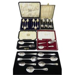 Set of six silver teaspoons and pair of sugar tongs, sets of silver silver teaspoons, two sets of silver christening forks and spoons, all cased and a collection of silver teaspoons and flatware, all hallmarked, approx 8.7oz