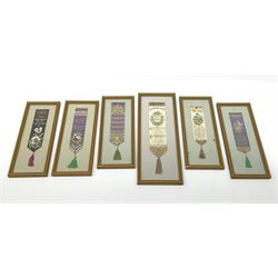 Six framed and glazed Stevengraph silk bookmarks, largest overall H33cm L13cm.