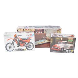 Ten vehicle model kits of varying scales, comprising Academy Boeing B-17G Flying Fortress, Revell Boeing 747-400, Revell Jeb Allen's Praying Mantis, Revell Kenworth T900 Australia, Aoshima Copen Active Top, Revell 56 Ford F-100 Pickup, Tamiya Honda CR250R Motocrosser, Fujimi Suzuki WagonR, Gunze Sangyo Fiat Abarth 1000TCR Berlina and Monogram Metal Master Packard Boattail Speedster, all boxed