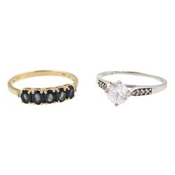 Gold five stone sapphire and diamond ring and a white gold white zircon ring, both hallmarked 9ct