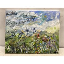 Paula Seller (Northern British Contemporary): 'Changeable Summer's Day', acrylic on canvas signed with monogram and dated 2021, titled verso 41cm x 51cm (unframed)