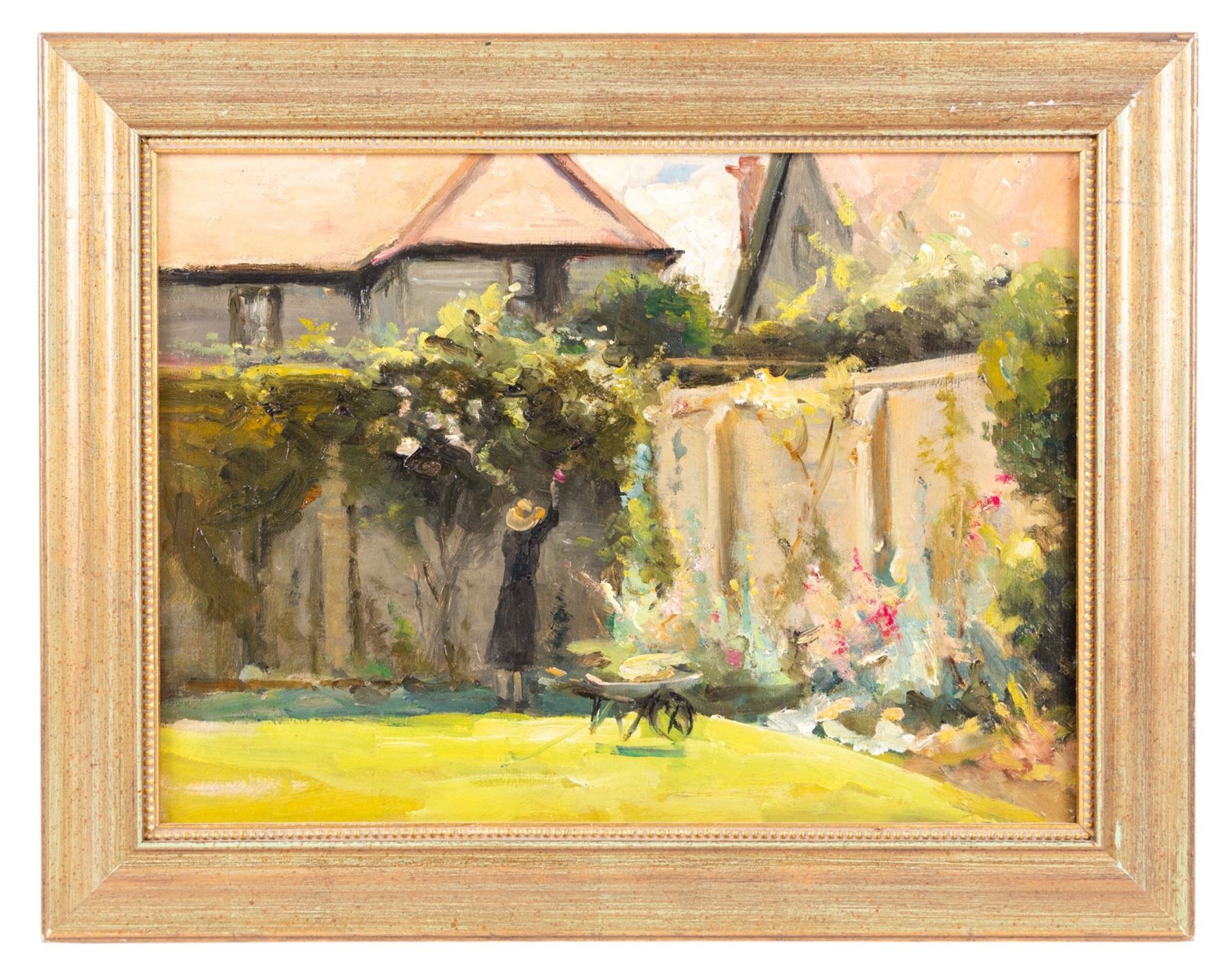 Circle of Sir John Lavery (Irish 1856-1941): Trimming Roses, oil on board unsigned 28cm x 38cm