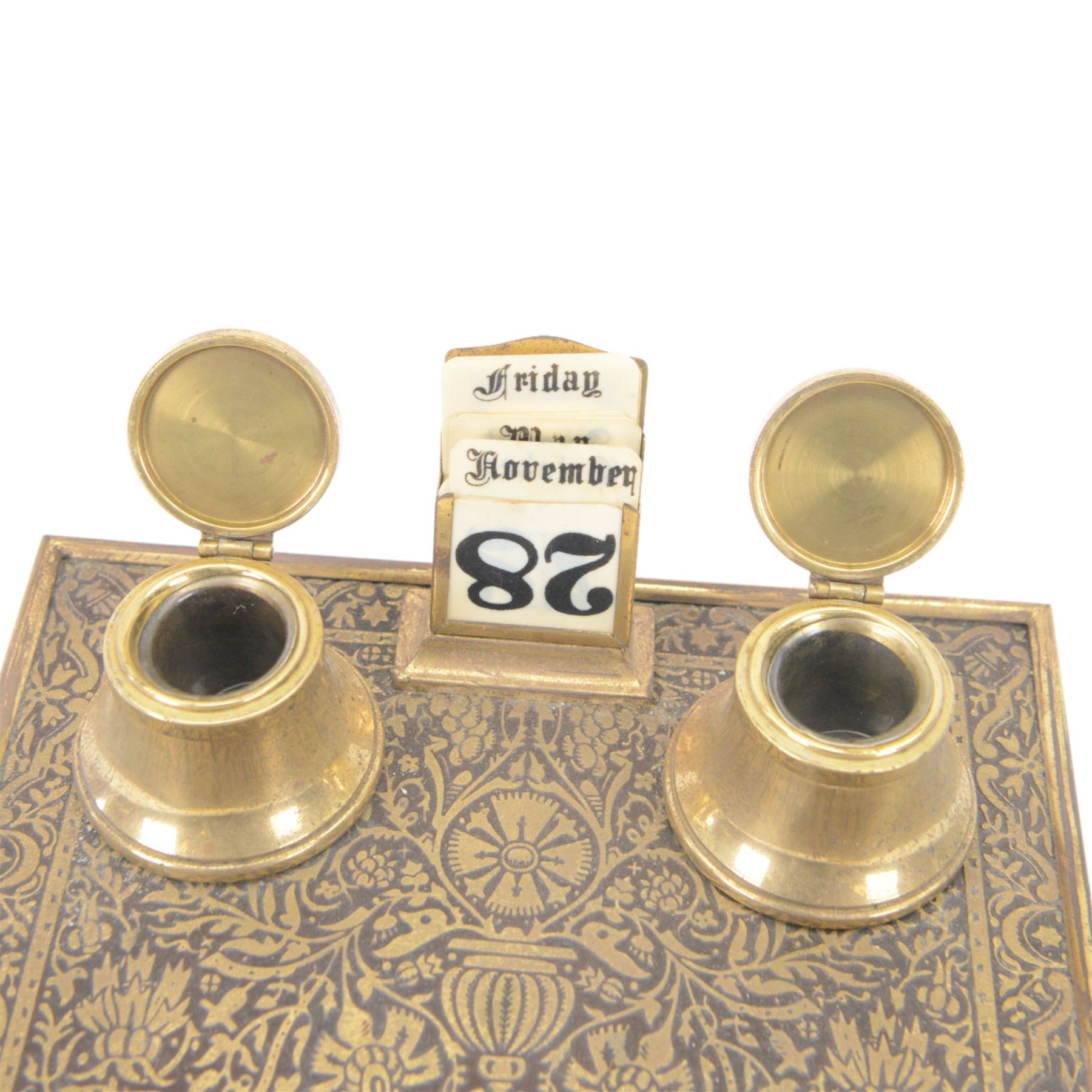19th century brass inlaid desk stand with perpetual calendar, H7cm 