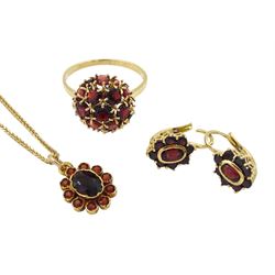 Garnet jewellery including 14ct gold cluster ring, pair of 18ct gold earrings and a 9ct gold pendant necklace