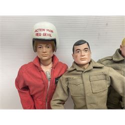 Action Man - five figures marked on the back 'Made in England by Palitoy under licence from Hasbro 1964', one dressed as a German Stormtrooper, one as a Red Devil Pilot and three in army uniform; another similar action figure marked to the right buttock ' G.I. Joe Copyright 1964 by Hasbro Patent Pending Made in Canada' dressed in army uniform; together with an Action Man jeep, field gun, mortar and machine guns and other accessories including helmets and weapons, parachute, diving equipment, skis and snow shoes, boots, uniforms etc; all unboxed