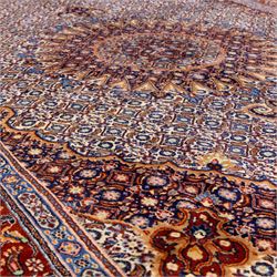 North Eastern Persian Moud hand-knotted carpet, field with central lobbed medallion with radiating serrated palmettes and spandrels in a densely worked all-over ground of small floral rosettes and geometric blossoms within a wide floral border flanked by multiple guard borders in a palette of indigo blue, ivory, terracotta, turquoise, and muted gold, with cotton fringe ends 