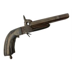 19th century Belgian 9mm side-by-side double barrel pin-fire pocket pistol with 11cm octagonal single block barrel, drop-down triggers and carved walnut stock L22.5cm overall