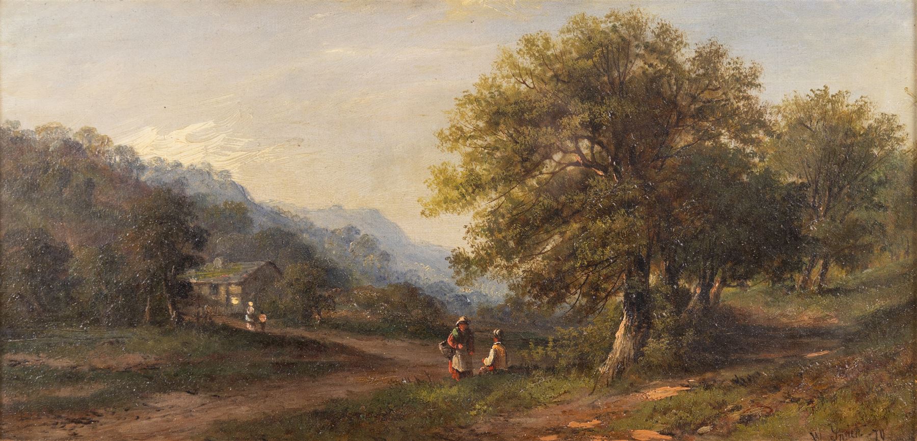 Thomas Walter Wilson (British 1851-1912): Fishermen By the River, watercolour faintly signed 16cm x 34cm;W Smith (British 19th Century): Forest Path, oil on canvas signed and dated '70, 19cm x 39cm (2)