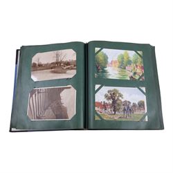 Collection of early 20th century postcards and greetings cards, including WWI embroidered silk Christmas card, black and white family photographs, 1920s birthday cards, black and white and colour postcards of Margate, Ramsgate, Blackpool etc, housed in three postcard albums