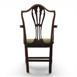 Early 20th century George III design mahogany open armchair, shaped cresting rail with pierced vase-form splat, curved open arms, stuff-over seat upholstered in green floral fabric, on square section supports