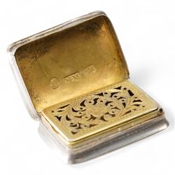 Victorian rectangular silver vinaigrette with inscription and floral engraving, hinged pierced grille  Birmingham circa 1840 Maker Nathaniel Mills