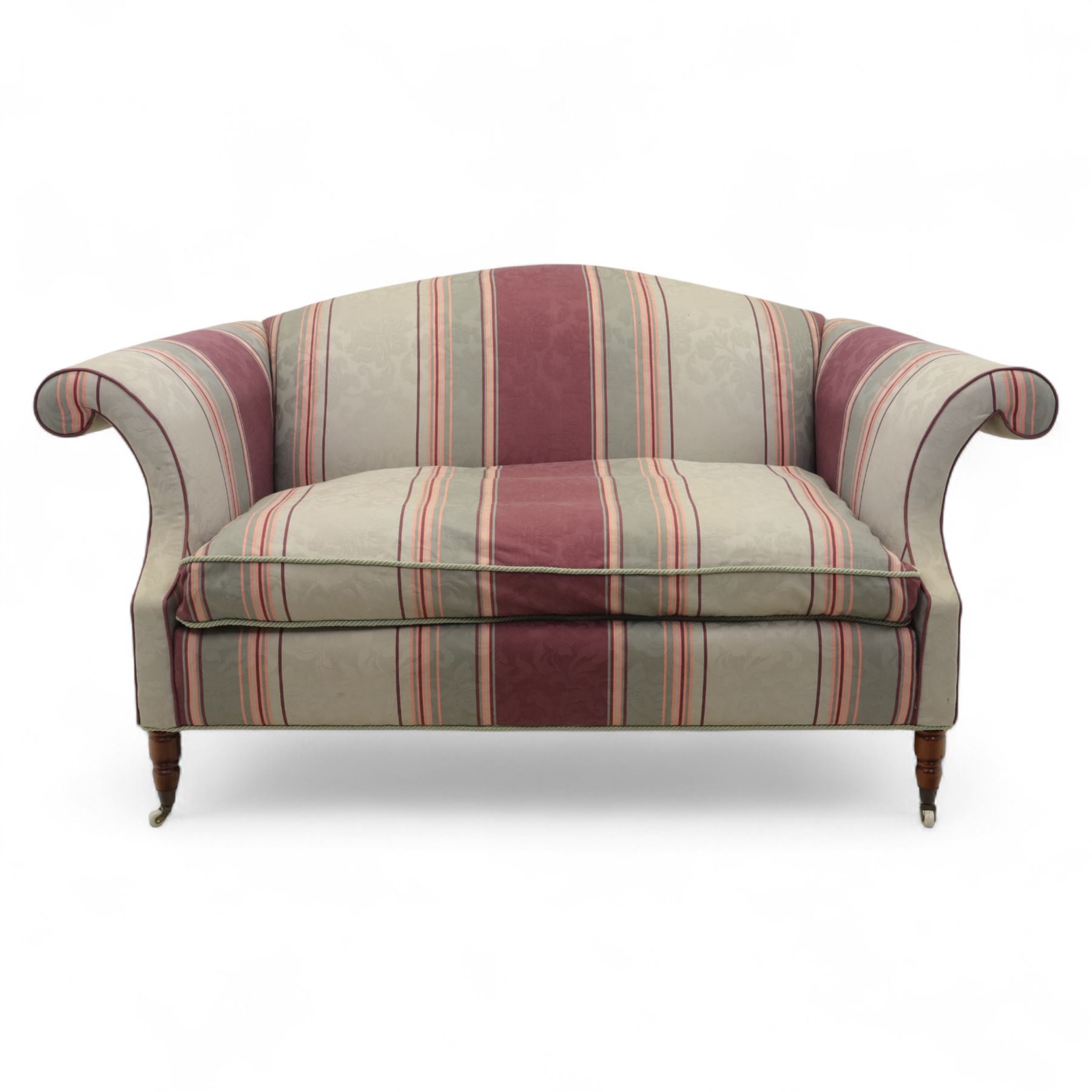 Traditional design two seater sofa, upholstered in striped blue and purple fabric