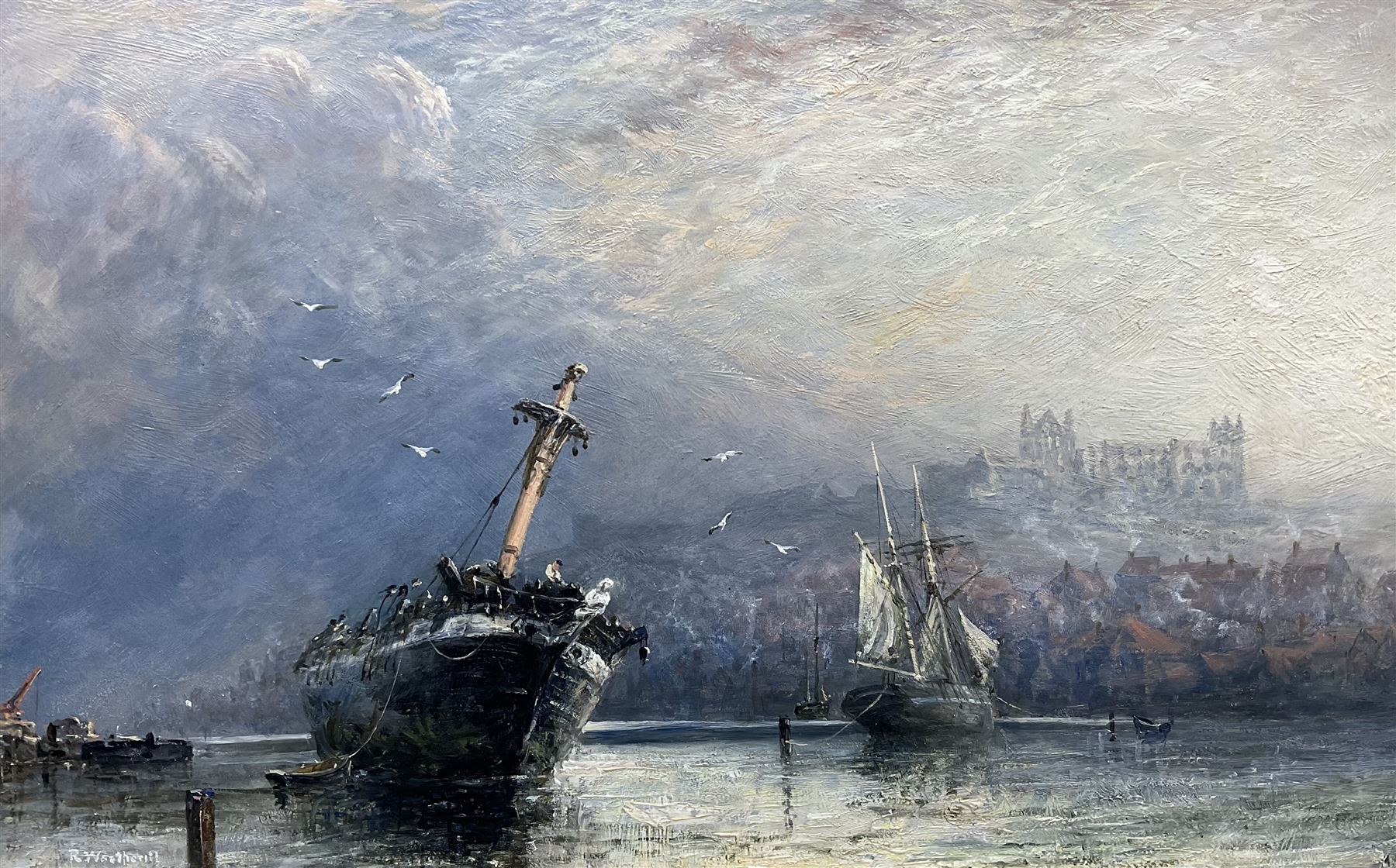 Richard Weatherill (British 1844-1913): Ships at Anchor in Whitby Harbour, oil on board signed 28cm x 45cm