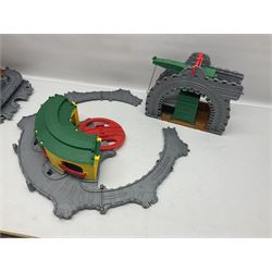 Quantity of Thomas the Tank Engine playsets and track, and Thunderbirds 2004 Tracy Island playset with some associated vehicles, in two boxes 