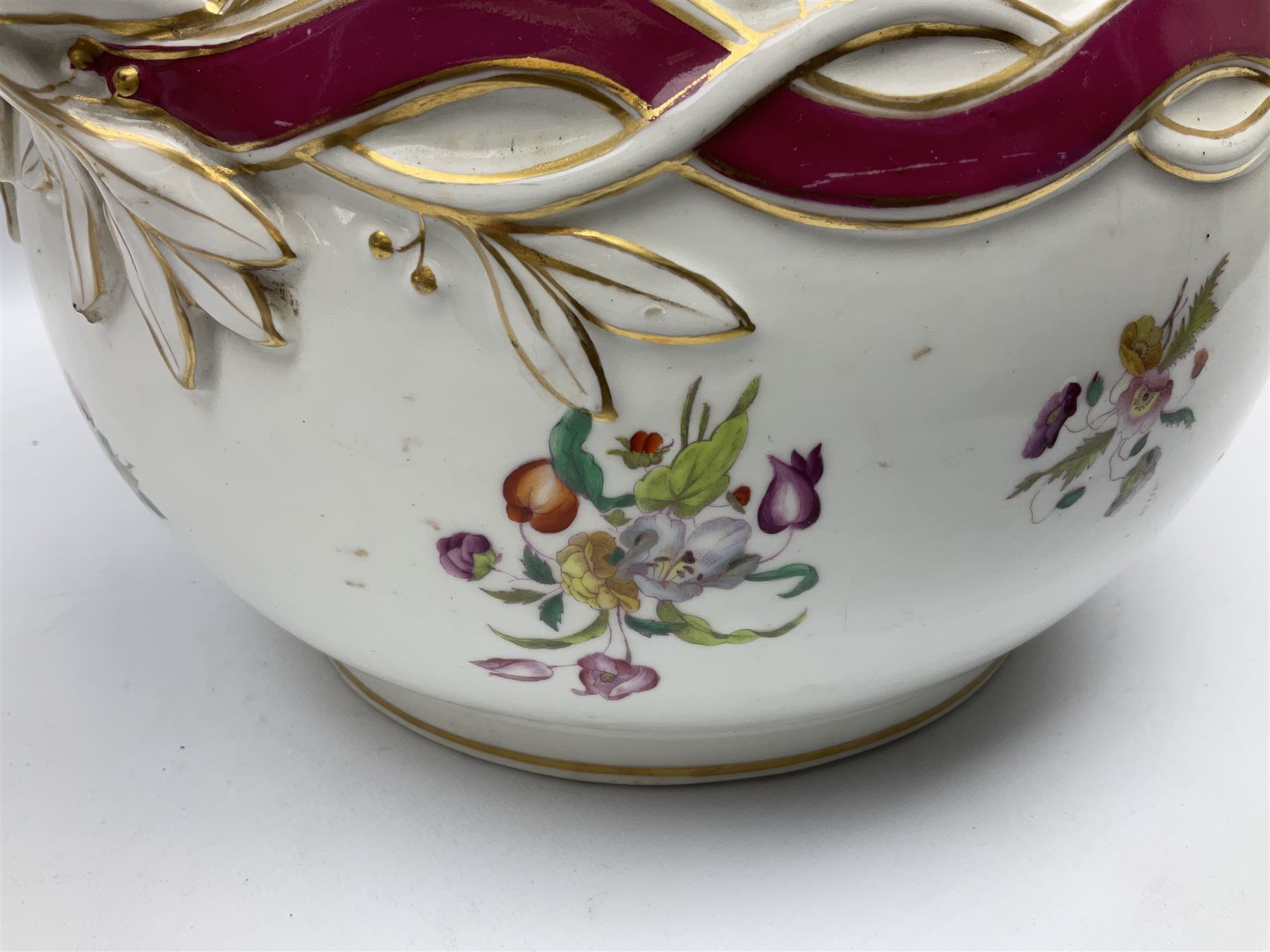 Large Victorian twin handled water pail and cover, of slightly bellied form decorated with floral sprays and moulded vine and ribbon detail, H36.5cm