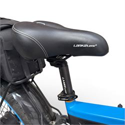 Cyrusher XF690 Plus - electric fat tyre bicycle, 250W model, with suspension forks, disc brakes, rear pannier bag and blue and black finish.