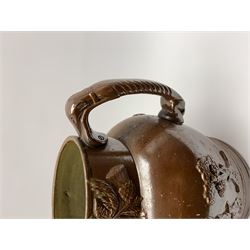 19th century salt glazed stoneware jug, with mask spout and greyhound modelled handle, the body decorated in relief with Royal Coat of Arms flanked by lions, the rim with the flowers of the union, roses, thistles and shamrocks, H26.5cm