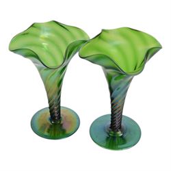 Near pair of art nouveau green iridescent glass vases with twisted stem and fluted rim, H15cm