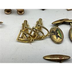 9ct gold crop and stirrup stick pin, boxed, two silver horse brooches, collection of horse cufflinks, gold-plated propelling pencil and a collection of wristwatches including Wingo Champions, Smiths Astral, Rotary and Bernex