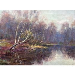 Arthur Herbert Rigg (British c.1859-1915): Autumn River Landscape, oil on canvas signed 29cm x 39cm 
Notes: Arthur was the eldest brother of Staithes Group member Ernest Higgins Rigg (1868-1947). The pair were two of six children of Mary Ann Higgins (1834-1910) and Matthew Christian Rigg (1831-1896), alongside Edith (1861-1900), John Albert (1864-1912), William Darnley (1866-1953), and Alfred Edward (1870-1919).