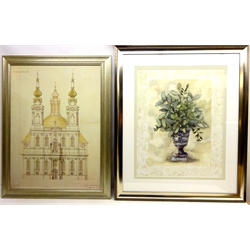  Garden Urn, Classical Architecture and Autumnal Trees, three contemporary prints framed max overall 98cm x 83cm (3)   