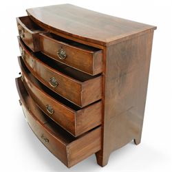 19th century mahogany bow-front chest, fitted with two short and three long graduating cock-beaded drawers, on bracket feet 